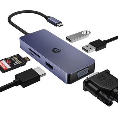 Tymyp Hub 6 w 1 USB C, adapter USB C, stacja dokująca USB C, Adattatore HDMI VGA Dual Monitor USB 2.0, lettore schede SD/TF kompatybilny z laptopami, Chromebook Tymyp Hub 6 w 1 USB C, adapter USB C, stacja dokująca USB C, Adattatore HDMI VGA Dual Monitor USB 2.0, lettore schede SD/TF kompatybilny z laptopami, Chromebook
