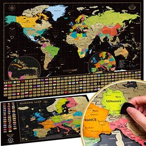 W WANDERLUST MAPS Mapa świata do zdrapywania i mapa Europy Deluxe Kompletny zestaw ze wszystkimi akcesoriami i flagami krajów Idealny prezent premium dla wszystkich miłośników podróży