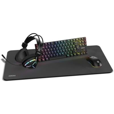 KROM Klass 4 w 1 Gaming Pack: Mechaniczna klawiatura TKL RGB, Hiszpański układ klawiszy, Mysz optyczna 7200 DPI, Słuchawki z 50 mm, XXL podkładka, Kompletny zestaw dla graczy na PC i laptopa, Biały KROM Klass 4 w 1 Gaming Pack: Mechaniczna klawiatura TKL RGB, Hiszpański układ klawiszy, Mysz optyczna 7200 DPI, Słuchawki z 50 mm, XXL podkładka, Kompletny zestaw dla graczy na PC i laptopa, Biały