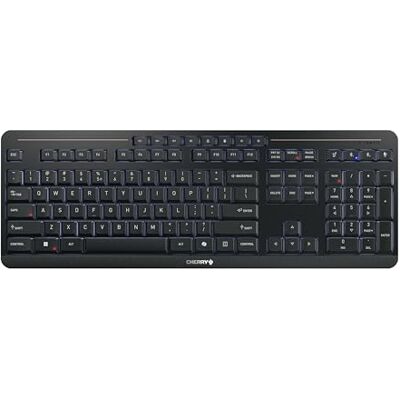 CHERRY STREAM KEYBOARD ULTIMATE, Bezprzewodowa Klawiatura Obsługująca do 4 Urządzeń, Układ US (QWERTY), Bluetooth, 2,4 GHz i Kabel, Podświetlana, Czarny CHERRY STREAM KEYBOARD ULTIMATE, Bezprzewodowa Klawiatura Obsługująca do 4 Urządzeń, Układ US (QWERTY), Bluetooth, 2,4 GHz i Kabel, Podświetlana, Czarny