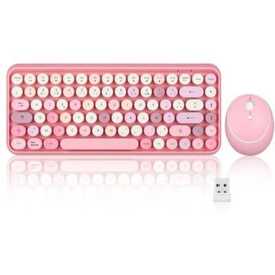 Perixx PERIDUO-713 Zestaw mini bezprzewodowej klawiatury i myszy, USB, 2,4 GHz, zaokrąglone klawisze w stylu retro, pastelowy róż, AZERTY Perixx PERIDUO-713 Zestaw mini bezprzewodowej klawiatury i myszy, USB, 2,4 GHz, zaokrąglone klawisze w stylu retro, pastelowy róż, AZERTY