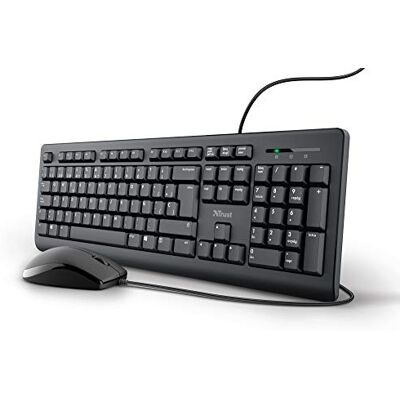 Trust Klawiatura i mysz z kablem – hiszpański układ QWERTY, kabel o długości 1,8 m, port USB, szczelna klawiatura, Windows, Mac, PC, laptop, czarna Trust Klawiatura i mysz z kablem – hiszpański układ QWERTY, kabel o długości 1,8 m, port USB, szczelna klawiatura, Windows, Mac, PC, laptop, czarna