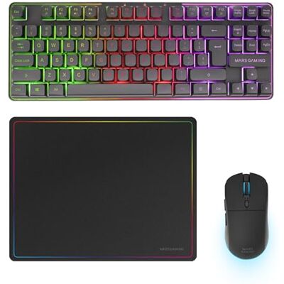 Mars Gaming MCPWTKL, Bezprzewodowy Zestaw Gaming, Technologia DualPro Link 2.4GPRO, Klawiatura TKL FRGB Rainbow + Mysz RGB 3200DPI z Przełącznikami HUANO + Podkładka 360x260mm, Czarny, Angielski US Mars Gaming MCPWTKL, Bezprzewodowy Zestaw Gaming, Technologia DualPro Link 2.4GPRO, Klawiatura TKL FRGB Rainbow + Mysz RGB 3200DPI z Przełącznikami HUANO + Podkładka 360x260mm, Czarny, Angielski US