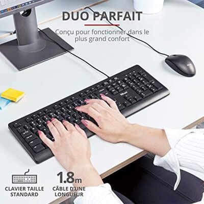 Trust Taro Pakiet klawiatury i myszy przewodowej francuska klawiatura AZERTY, odporna na rozpryski, cichy, kabel USB 1,8 m, klawiatura PC, laptop, komputer, Windows, Mac OS czarny Trust Taro Pakiet klawiatury i myszy przewodowej francuska klawiatura AZERTY, odporna na rozpryski, cichy, kabel USB 1,8 m, klawiatura PC, laptop, komputer, Windows, Mac OS czarny