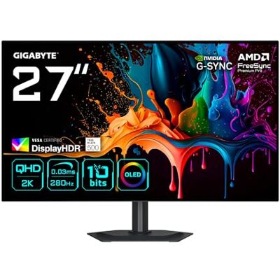 Gigabyte MO27Q28G 27" QHD OLED Gaming Monitor 2560 x 1440, 280Hz, 0,03ms, 335 CD/m², Display HDR True Black 500, HDMI 2.1, DisplayPort 1.4 Gigabyte MO27Q28G 27" QHD OLED Gaming Monitor 2560 x 1440, 280Hz, 0,03ms, 335 CD/m², Display HDR True Black 500, HDMI 2.1, DisplayPort 1.4