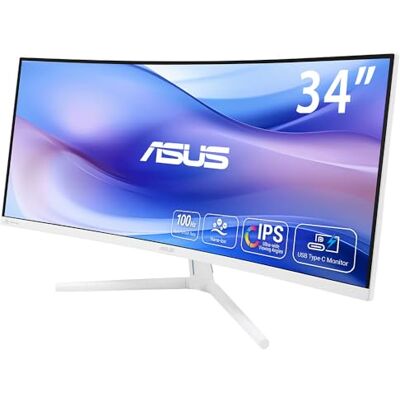 Asus VU34WCIP-W Eye Care, 34-calowy zakrzywiony monitor, szeroki Quad HD VA (3440 x 1440), 1 ms (MPRT), 100 Hz, HDMI, USB-C i DisplayPort, SmoothMotion, technologia Eye Care Plus, wbudowany głośnik, Asus VU34WCIP-W Eye Care, 34-calowy zakrzywiony monitor, szeroki Quad HD VA (3440 x 1440), 1 ms (MPRT), 100 Hz, HDMI, USB-C i DisplayPort, SmoothMotion, technologia Eye Care Plus, wbudowany głośnik,