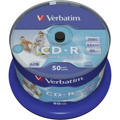 Verbatim CD-R Azo Wide Inkjet Printable 700 MB, 50 Szt, Wrzeciona, Puste Płyty CD, 52-Krotna Prędkość Wypalania o Długiej Żywotności Verbatim CD-R Azo Wide Inkjet Printable 700 MB, 50 Szt, Wrzeciona, Puste Płyty CD, 52-Krotna Prędkość Wypalania o Długiej Żywotności