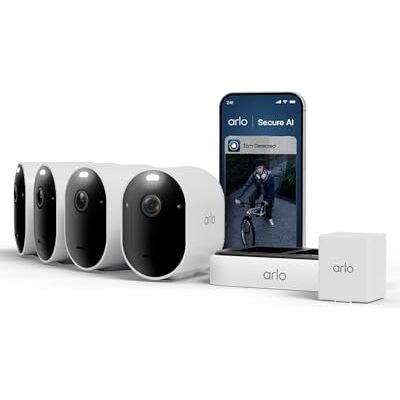 Arlo Pro 6 – bezprzewodowa kamera zewnętrzna 2K+ HDR, kolorowy tryb nocny, bateria, 4 kamery + podwójna ładowarka + dodatkowa bateria, okres próbny Secure w zestawie Arlo Pro 6 – bezprzewodowa kamera zewnętrzna 2K+ HDR, kolorowy tryb nocny, bateria, 4 kamery + podwójna ładowarka + dodatkowa bateria, okres próbny Secure w zestawie