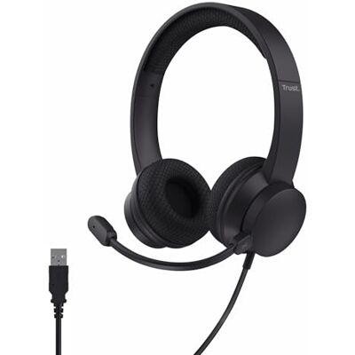 Trust Roha II nauszny zestaw słuchawkowy USB z mikrofonem ENC, czarny lekkie słuchawki z kablem 1,80 m, adapter USB-C, regulowany pałąk, headset przewodowy do PC Mac biura pracy Zoom Teams Trust Roha II nauszny zestaw słuchawkowy USB z mikrofonem ENC, czarny lekkie słuchawki z kablem 1,80 m, adapter USB-C, regulowany pałąk, headset przewodowy do PC Mac biura pracy Zoom Teams