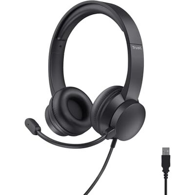 Trust Roha II nauszny zestaw słuchawkowy USB z mikrofonem, czarny lekkie słuchawki z kablem 1,80 m, regulowany pałąk, headset przewodowy do PC Mac biura pracy Zoom Teams Trust Roha II nauszny zestaw słuchawkowy USB z mikrofonem, czarny lekkie słuchawki z kablem 1,80 m, regulowany pałąk, headset przewodowy do PC Mac biura pracy Zoom Teams