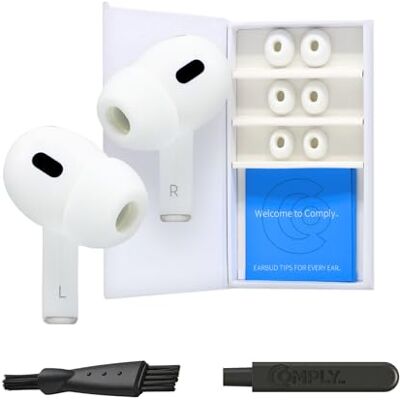 COMPLY Premium piankowe zatyczki do uszu, kompatybilne z Apple AirPods Pro Gen 1 i 2, rozmiar L, nowa wersja 2025 z narzędziem do demontażu i czyszczenia, białe, 3 pary, wyprodukowano w USA COMPLY Premium piankowe zatyczki do uszu, kompatybilne z Apple AirPods Pro Gen 1 i 2, rozmiar L, nowa wersja 2025 z narzędziem do demontażu i czyszczenia, białe, 3 pary, wyprodukowano w USA