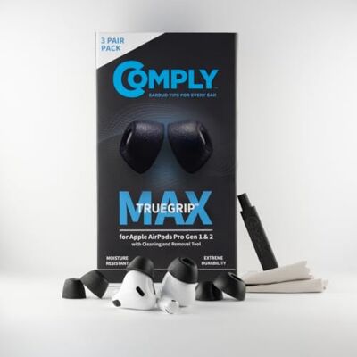 COMPLY TrueGrip MAX Premium Memory Foam wymienne zatyczki do uszu do Apple AirPods Pro (1 i 2 generacji) technologia SmartSkin™ kolor czarny, rozmiar L, 3 pary COMPLY TrueGrip MAX Premium Memory Foam wymienne zatyczki do uszu do Apple AirPods Pro (1 i 2 generacji) technologia SmartSkin™ kolor czarny, rozmiar L, 3 pary