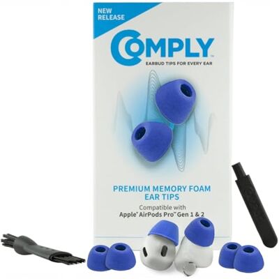 COMPLY Wymienne końcówki douszne z pianki do Apple AirPods Pro 1 i 2, najwyższy komfort, bezpieczne dopasowanie, doskonała izolacja szumów, antypoślizgowe, nie wypadają, niebieskie, rozm. S, 3 pary COMPLY Wymienne końcówki douszne z pianki do Apple AirPods Pro 1 i 2, najwyższy komfort, bezpieczne dopasowanie, doskonała izolacja szumów, antypoślizgowe, nie wypadają, niebieskie, rozm. S, 3 pary