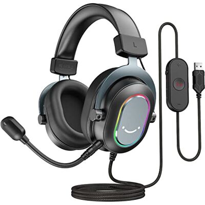 FIFINE Zestaw słuchawkowy gamingowy z mikrofonem, słuchawki nauszne z kablem, zestaw słuchawkowy USB do PC PS4 PS5, słuchawki RGB z 3 trybami EQ, dźwięk przestrzenny i nauszniki FIFINE Zestaw słuchawkowy gamingowy z mikrofonem, słuchawki nauszne z kablem, zestaw słuchawkowy USB do PC PS4 PS5, słuchawki RGB z 3 trybami EQ, dźwięk przestrzenny i nauszniki