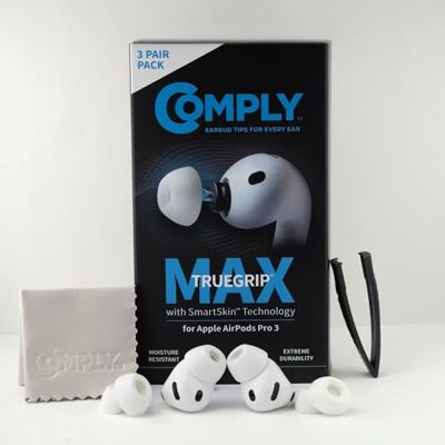 COMPLY TrueGrip MAX wymienne zatyczki do uszu z pianki z pamięcią kształtu do Apple AirPods Pro (3 generacji), technologia SmartSkin, doskonała izolacja akustyczna, białe, rozmiar L, 3 pary COMPLY TrueGrip MAX wymienne zatyczki do uszu z pianki z pamięcią kształtu do Apple AirPods Pro (3 generacji), technologia SmartSkin, doskonała izolacja akustyczna, białe, rozmiar L, 3 pary