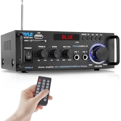 Pyle Wireless Bluetooth Stereo Power Amplifier 200W Dual Channel Sound Audio Stereo Receiver System w/RCA, USB, SD, MIC IN, FM Radio, For Home Theater Entertainment via RCA, Studio Use PDA29BU Pyle Wireless Bluetooth Stereo Power Amplifier 200W Dual Channel Sound Audio Stereo Receiver System w/RCA, USB, SD, MIC IN, FM Radio, For Home Theater Entertainment via RCA, Studio Use PDA29BU