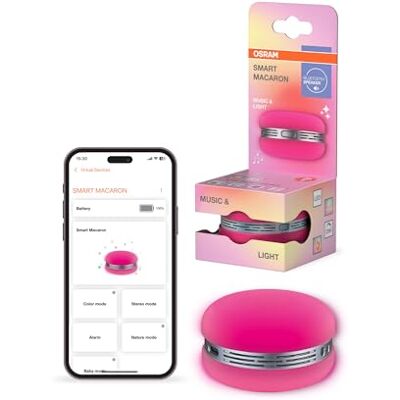OSRAM Smart Macaron, głośnik Bluetooth z obrotowym kolorowym światłem, synchronizacja muzyki i aplikacja timer, 3 tryby, parowanie stereo, różowy OSRAM Smart Macaron, głośnik Bluetooth z obrotowym kolorowym światłem, synchronizacja muzyki i aplikacja timer, 3 tryby, parowanie stereo, różowy