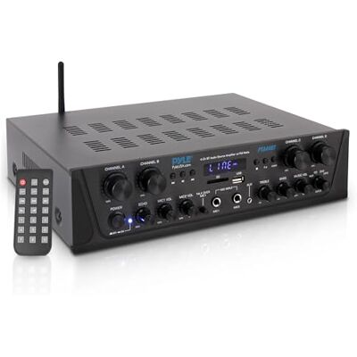 Pyle Karaoke Wireless Bluetooth Amplifier 500W 4 Channel Stereo Audio Home Theater Speaker Sound Power Receiver w/AUX IN, FM, RCA Subwoofer Speakers OUT, USB, Microphone IN w/Echo Pyle Karaoke Wireless Bluetooth Amplifier 500W 4 Channel Stereo Audio Home Theater Speaker Sound Power Receiver w/AUX IN, FM, RCA Subwoofer Speakers OUT, USB, Microphone IN w/Echo