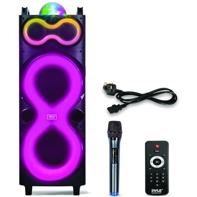 Pyle Bluetooth Speaker System with Wireless Mic, 240W PA and Karaoke Machine, Dual 10" Inch Speakers, Rechargeable Battery, USB/SD/AUX/FM Radio, LED Lights, Outdoor/Indoor Party Audio Pyle Bluetooth Speaker System with Wireless Mic, 240W PA and Karaoke Machine, Dual 10" Inch Speakers, Rechargeable Battery, USB/SD/AUX/FM Radio, LED Lights, Outdoor/Indoor Party Audio