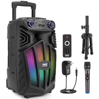 Pyle Przenośny głośnik na imprezę Bluetooth 1680 W, z mikrofonem i światłami LED, system głośników PA z subwooferem, radio USB SD FM, akumulator i koła na imprezę, karaoke i do użytku zewnętrznego Pyle Przenośny głośnik na imprezę Bluetooth 1680 W, z mikrofonem i światłami LED, system głośników PA z subwooferem, radio USB SD FM, akumulator i koła na imprezę, karaoke i do użytku zewnętrznego