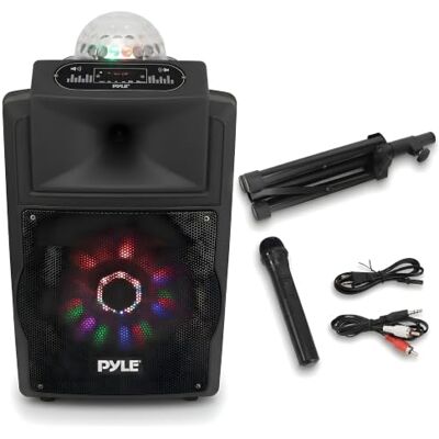 Pyle Głośnik Bluetooth, 700 W, aktywny głośnik do karaoke, przenośny głośnik z akumulatorem, zestaw mikrofonów z Bluetooth MP3, USB, micro SD, radio FM, AUX, światła DJ Pyle Głośnik Bluetooth, 700 W, aktywny głośnik do karaoke, przenośny głośnik z akumulatorem, zestaw mikrofonów z Bluetooth MP3, USB, micro SD, radio FM, AUX, światła DJ