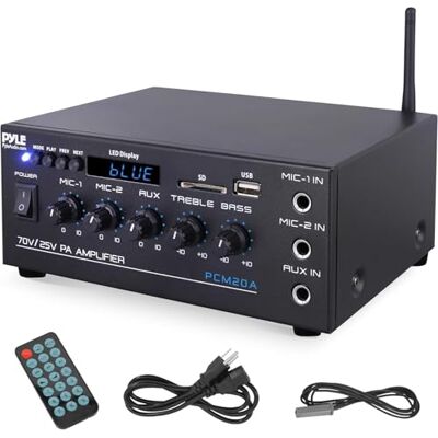 Pyle Compact Mini Home Power Amplifier 40W Smart Small Audio Stereo Receiver w/AUX, 2 Microphone IN, COM/8-Ohm/25V/70V Speakers, LED, Input Selector, For PA, Amplified Speaker Sound System Pyle Compact Mini Home Power Amplifier 40W Smart Small Audio Stereo Receiver w/AUX, 2 Microphone IN, COM/8-Ohm/25V/70V Speakers, LED, Input Selector, For PA, Amplified Speaker Sound System