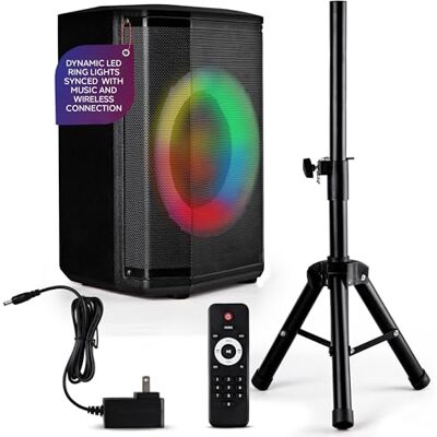 Pyle Portable Bluetooth Speaker with 8" Inch Woofer, TWS Function, Mic Input, USB/Micro SD/FM Radio, Colorful Ring Lights, 120W Rechargeable Battery, Tripod Stand, Hi-Fi Sound, Indoor/Outdoor Use Pyle Portable Bluetooth Speaker with 8" Inch Woofer, TWS Function, Mic Input, USB/Micro SD/FM Radio, Colorful Ring Lights, 120W Rechargeable Battery, Tripod Stand, Hi-Fi Sound, Indoor/Outdoor Use