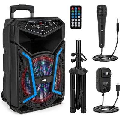Pyle Przenośny głośnik Bluetooth PA głośnik zewnętrzny 800 W z pilotem, wejściem mikrofonowym, lampką imprezową, czytnikiem kart MP3/USB SD, radiem FM i kołem Pyle Przenośny głośnik Bluetooth PA głośnik zewnętrzny 800 W z pilotem, wejściem mikrofonowym, lampką imprezową, czytnikiem kart MP3/USB SD, radiem FM i kołem