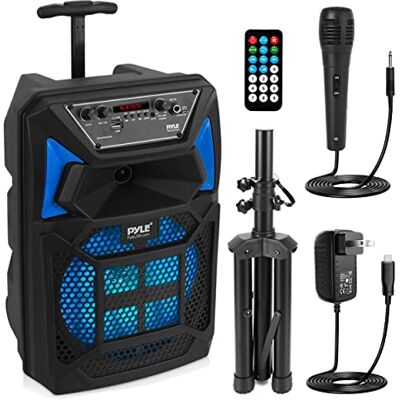 Pyle Przenośny System Głośników Bluetooth PA – 400W Głośnik Bluetooth, Wbudowane Światła Party, Zdalne Sterowanie, Mikrofon, Gniazdo MicroSD, Radio FM, Koła, MP3 Pyle Przenośny System Głośników Bluetooth PA – 400W Głośnik Bluetooth, Wbudowane Światła Party, Zdalne Sterowanie, Mikrofon, Gniazdo MicroSD, Radio FM, Koła, MP3