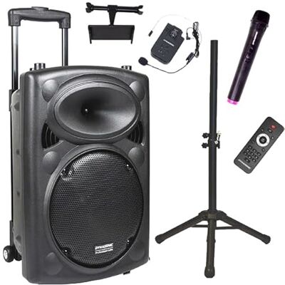 DYNASONIC DYNAPRO 12 Plus (pakiet 3ª generacji) przenośny głośnik Bluetooth, wydajny głośnik Bluetooth 700 W, 2 mikrofony do karaoke, tablet i podpórka statywu, UHF DYNASONIC DYNAPRO 12 Plus (pakiet 3ª generacji) przenośny głośnik Bluetooth, wydajny głośnik Bluetooth 700 W, 2 mikrofony do karaoke, tablet i podpórka statywu, UHF