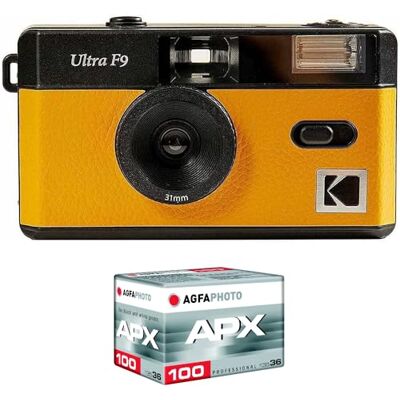 Kodak Pack F9 Silver + 100 folii ASA – żółta kamera z możliwością ładowania, stały obiektyw szerokokątny, wizjer optyczny, wbudowana lampa błyskowa + folia APX 100, 36 pozycji Kodak Pack F9 Silver + 100 folii ASA – żółta kamera z możliwością ładowania, stały obiektyw szerokokątny, wizjer optyczny, wbudowana lampa błyskowa + folia APX 100, 36 pozycji