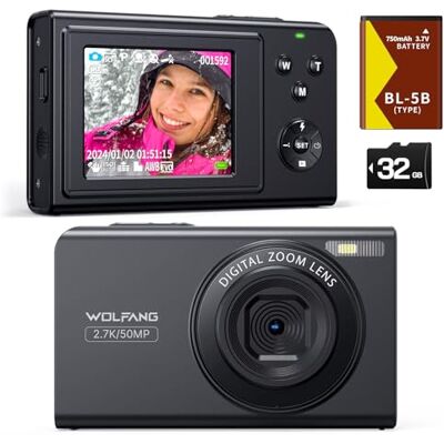 WOLFANG Aparat cyfrowy, 2,7 K Kids Camera do fotografii, 50 MP, kompaktowa kamera vloggowa, 16 x cyfrowy zoom, automatyczny punkt skupienia i strzelanie, prezent dla studentów, nastolatków WOLFANG Aparat cyfrowy, 2,7 K Kids Camera do fotografii, 50 MP, kompaktowa kamera vloggowa, 16 x cyfrowy zoom, automatyczny punkt skupienia i strzelanie, prezent dla studentów, nastolatków