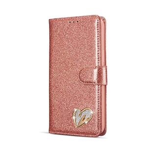 Mo-Somnus iPhone 12 Pro Max etui 6,7 cala [z folią ochronną ze szkła hartowanego], błyszczący brokat [kochający serce diament] design portfel skóra PU etui z klapką (różowe złoto)