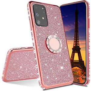 LEMAXELERS Huawei P40 Lite E brokatowe etui TPU, Huawei P40 Lite E pokrowiec, ultracienkie brokatowe błyszczące płukanie silikonowe TPU miękkie etui z uchwytem do stojaka z diamentowym pierścieniem do Huawei P40 Lite E, uchwyt TPU różowe złoto