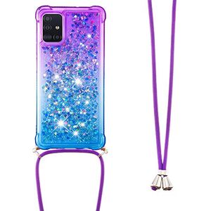 LEMAXELERS Naszyjnik etui na telefon do Samsung Galaxy A71, Samsung Galaxy A71, błyszczący błyszczący płynny błyszczący 3D poruszający się Quicksand pokrowiec z łańcuszkiem pasek do Samsung Galaxy A71, YBGS fioletowy niebieski