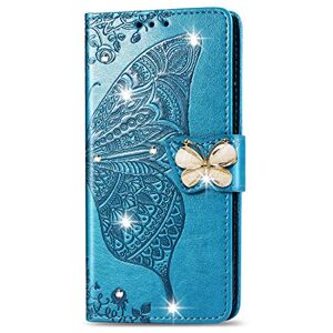 HMTECH Huawei P30 Etui Huawei P30 Bling Diament Tłoczony Motyl Kwiat Skóra PU Otwierany Notebook Portfel Etui Magnetyczny Stojak Karty Folio Zderzak Etui do Huawei P30, SD Bling Butterfly Blue