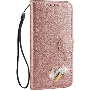 Mo-Somnus Etui do iPhone Xs [bezpłatny ochraniacz ekranu ze szkła hartowanego],  błyskotki błyszczący [kochające serce diament] wzór skóra PU portfel etui pokrowiec do Apple iPhone X/iPhone Xs 5,8" (różowe złoto)