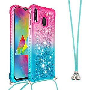 LEMAXELERS Naszyjnik etui na telefon do Samsung Galaxy A20S,Samsung Galaxy A20S pokrywa, błyszczący płynny błyszczący 3D poruszający się Quicksand pokrowiec z łańcuszkiem do Samsung Galaxy A20S, YBGS różowy niebieski