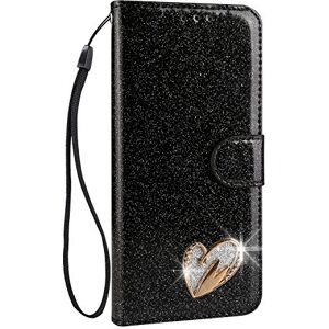 Mo-Somnus Etui na Galaxy Note 8 + bezpłatne etui ze szkła hartowanego,  Bling Brokat Kochające serce, Diamentowy design, Wysokiej jakości skóra PU Etui z klapką do Samsung Galaxy Note 8 (czarne)