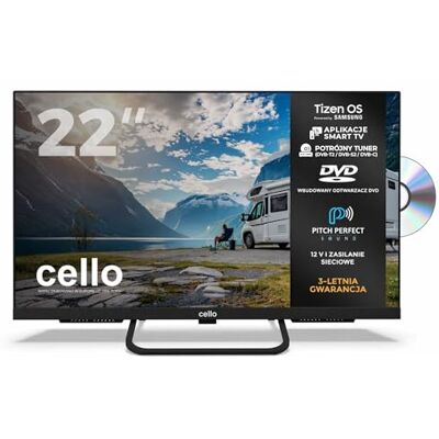 Cello Ctrav-22TZF 22" Smart LED Tizen OS, TV podróżny 12V z DVD, granie w chmurze, Pitch Perfect, Netflix, Prime Video, Bluetooth, HDMI, USB, do kamperów, ciężarówek i łodzi Cello Ctrav-22TZF 22" Smart LED Tizen OS, TV podróżny 12V z DVD, granie w chmurze, Pitch Perfect, Netflix, Prime Video, Bluetooth, HDMI, USB, do kamperów, ciężarówek i łodzi