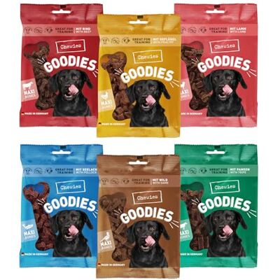 Chewies Maxi Snacks zestaw próbnych przysmaków dla psów – zdrowe przysmaki dla psów bez cukru, idealne jako nagroda i motywacja do treningu psów, Made in Germany (6 x 200 g) Chewies Maxi Snacks zestaw próbnych przysmaków dla psów – zdrowe przysmaki dla psów bez cukru, idealne jako nagroda i motywacja do treningu psów, Made in Germany (6 x 200 g)