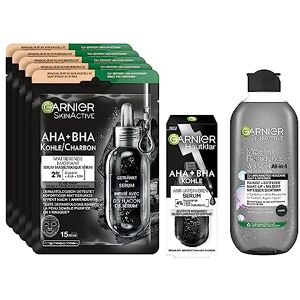 Garnier SkinActive Black Skin Routine zestaw do pielęgnacji twarzy z 5 czarnymi maseczkami chusteczkowymi, tonikiem micelarnym i serum AHA, dla bardziej równomiernego wyglądu skóry normalnej lub Garnier SkinActive Black Skin Routine zestaw do pielęgnacji twarzy z 5 czarnymi maseczkami chusteczkowymi, tonikiem micelarnym i serum AHA, dla bardziej równomiernego wyglądu skóry normalnej lub