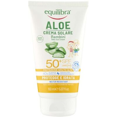 Equilibra Solari, krem przeciwsłoneczny z aloesem dla dzieci SPF 50+, krem przeciwsłoneczny na bazie aloesu, oleju arganowego, oleju kokosowego, masła shea i witaminy E, wodoodporność, 150 ml Equilibra Solari, krem przeciwsłoneczny z aloesem dla dzieci SPF 50+, krem przeciwsłoneczny na bazie aloesu, oleju arganowego, oleju kokosowego, masła shea i witaminy E, wodoodporność, 150 ml