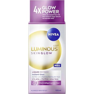 NIVEA LUMINOUS630 Skin Glow Liquid Refiner, delikatny i skuteczny peeling AHA do równomiernej i gładkiej skóry, wygładzająca pory pielęgnacja twarzy z 4% AHA, 1% PHA i Aloe Vera (100 ml) NIVEA LUMINOUS630 Skin Glow Liquid Refiner, delikatny i skuteczny peeling AHA do równomiernej i gładkiej skóry, wygładzająca pory pielęgnacja twarzy z 4% AHA, 1% PHA i Aloe Vera (100 ml)
