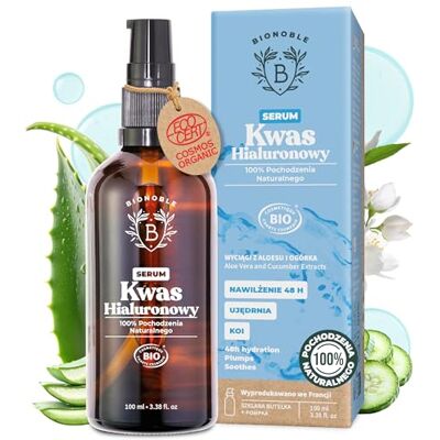 BIONOBLE Serum do Twarzy z Kwasem Hialuronowym Certyfikowane Bio Nawilżająca Pielęgnacja Przeciwstarzeniowa z Aloesem Szklana Butelka z Pompka Wyprodukowano we Francji 100ml BIONOBLE Serum do Twarzy z Kwasem Hialuronowym Certyfikowane Bio Nawilżająca Pielęgnacja Przeciwstarzeniowa z Aloesem Szklana Butelka z Pompka Wyprodukowano we Francji 100ml