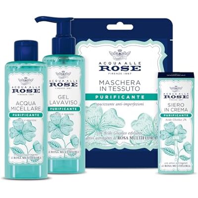 Acqua alle Rose , Zestaw do oczyszczania twarzy, do skóry mieszanej lub z niedoskonałościami, zawiera wodę micelarną, żel do mycia, serum kremowe i maska z tkaniny wyłącznie Amazon Acqua alle Rose , Zestaw do oczyszczania twarzy, do skóry mieszanej lub z niedoskonałościami, zawiera wodę micelarną, żel do mycia, serum kremowe i maska z tkaniny wyłącznie Amazon