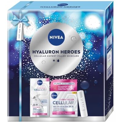 NIVEA Hyaluron Heroes Świąteczny prezent Zestaw kosmetyków dla kobiet do twarzy: serum, krem Cellular Expert Filler i pomadka nawilżająca NIVEA Hyaluron Heroes Świąteczny prezent Zestaw kosmetyków dla kobiet do twarzy: serum, krem Cellular Expert Filler i pomadka nawilżająca