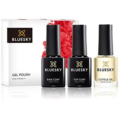 BLUESKY Gel Polish, Gel Nagellack Set, Top Coat, Base Coat and Cuticle Oil, 3 x 5 ml BLUESKY Gel Polish, Gel Nagellack Set, Top Coat, Base Coat and Cuticle Oil, 3 x 5 ml