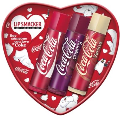 Lip Smacker Coca-Cola Heart Zestaw balsamów do ust, 3 balsamy do ust dla dzieci o oryginalnym smaku Coca-Coli, transparentna i nawilżająca formuła Lip Smacker Coca-Cola Heart Zestaw balsamów do ust, 3 balsamy do ust dla dzieci o oryginalnym smaku Coca-Coli, transparentna i nawilżająca formuła