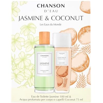 CHANSON D'EAU , Les Eaux du Monde, Jasmine & Coconut zestaw upominkowy dla kobiet, woda toaletowa Jasmine 100 ml i perfumowana woda kokosowa do ciała i włosów, 75 ml CHANSON D'EAU , Les Eaux du Monde, Jasmine & Coconut zestaw upominkowy dla kobiet, woda toaletowa Jasmine 100 ml i perfumowana woda kokosowa do ciała i włosów, 75 ml